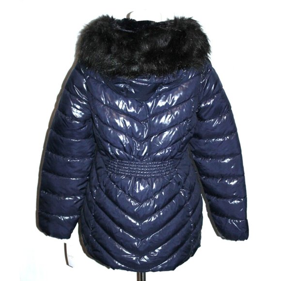Jessica Simpson Womens Navy Faux Fur Quilted Puffer Coat Shiny Blue Medium M NEW - Picture 2 of 2